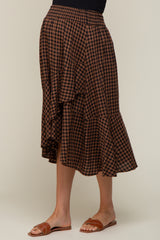 Brown Plaid Ruffle Maternity Midi Skirt