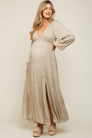 Beige Floral Lace Accent Side Slit Maternity Maxi Dress