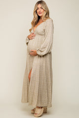 Beige Floral Lace Accent Side Slit Maternity Maxi Dress