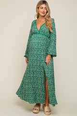 Green Floral Lace Accent Side Slit Maternity Maxi Dress