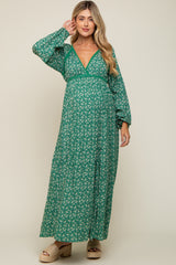 Green Floral Lace Accent Side Slit Maternity Maxi Dress