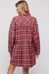 Burgundy Plaid Button Front Long Sleeve Maternity Dress