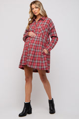 Burgundy Plaid Button Front Long Sleeve Maternity Dress