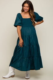 Teal Square Neck Smocked Puff Short Sleeve Tiered Maternity Midi Dress