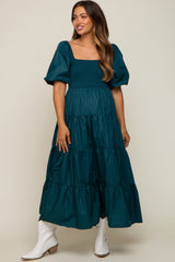 Teal Square Neck Smocked Puff Short Sleeve Tiered Maternity Midi Dress