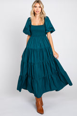 Teal Square Neck Smocked Puff Short Sleeve Tiered Maternity Midi Dress