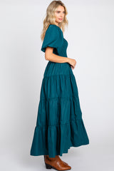 Teal Square Neck Smocked Puff Short Sleeve Tiered Midi Dress