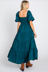 Teal Square Neck Smocked Puff Short Sleeve Tiered Midi Dress