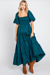 Teal Square Neck Smocked Puff Short Sleeve Tiered Midi Dress