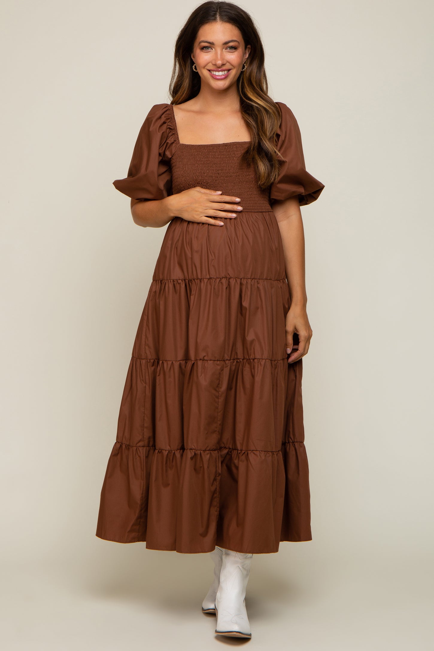Brown Textured Ruched Maternity Midi Dress– PinkBlush