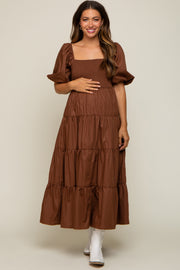 Brown Square Neck Smocked Puff Short Sleeve Tiered Maternity Midi Dress