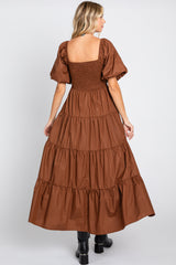 Brown Square Neck Smocked Puff Short Sleeve Tiered Midi Dress