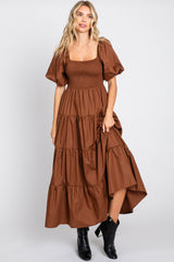 Brown Square Neck Smocked Puff Short Sleeve Tiered Midi Dress