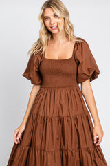 Brown Square Neck Smocked Puff Short Sleeve Tiered Midi Dress