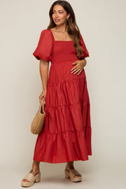 Rust Square Neck Smocked Puff Short Sleeve Tiered Maternity Midi Dress