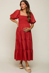 Rust Square Neck Smocked Puff Short Sleeve Tiered Maternity Midi Dress