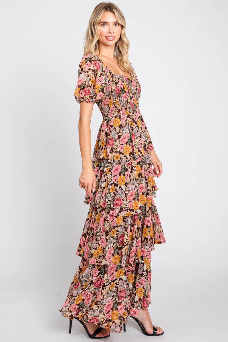 Brown Floral Smocked Square Neck Ruffle Layered Maxi Dress – PinkBlush