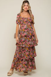 Brown Floral Smocked Square Neck Ruffle Layered Maternity Maxi Dress