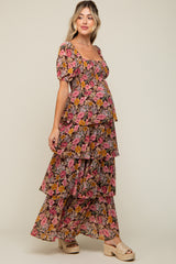 Brown Floral Smocked Square Neck Ruffle Layered Maternity Maxi Dress