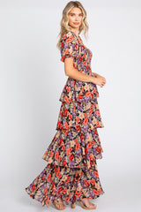 Black Floral Smocked Square Neck Ruffle Layered Maxi Dress