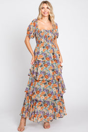 Blue Floral Smocked Square Neck Ruffle Layered Maxi Dress