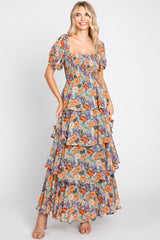 Blue Floral Smocked Square Neck Ruffle Layered Maternity Maxi Dress