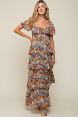 Blue Floral Smocked Square Neck Ruffle Layered Maternity Maxi Dress