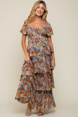 Blue Floral Smocked Square Neck Ruffle Layered Maternity Maxi Dress