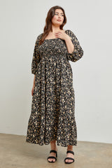 Black Floral Smocked Tiered Maternity Plus Maxi Dress