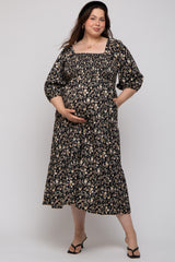 Black Floral Smocked Tiered Maternity Plus Maxi Dress