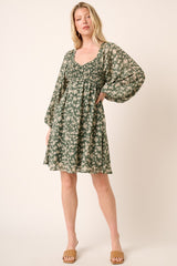 Green Floral Long Puff Sleeve Maternity Dress