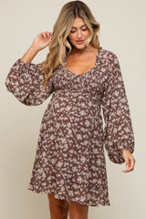 Brown Floral Long Puff Sleeve Maternity Dress