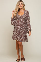 Brown Floral Long Puff Sleeve Maternity Dress