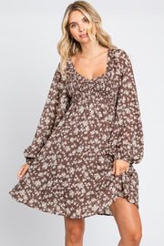 Brown Floral Long Puff Sleeve Dress