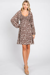 Brown Floral Long Puff Sleeve Dress