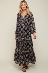 Black Floral Button Front Maternity Maxi Dress