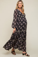 Black Floral Button Front Maternity Maxi Dress