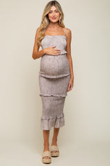 Grey Floral Smocked Fitted Maternity Midi Dress