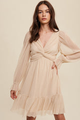 Beige Pleated Knotted Long Sleeve Maternity Dress