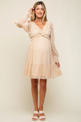 Beige Pleated Knotted Long Sleeve Maternity Dress