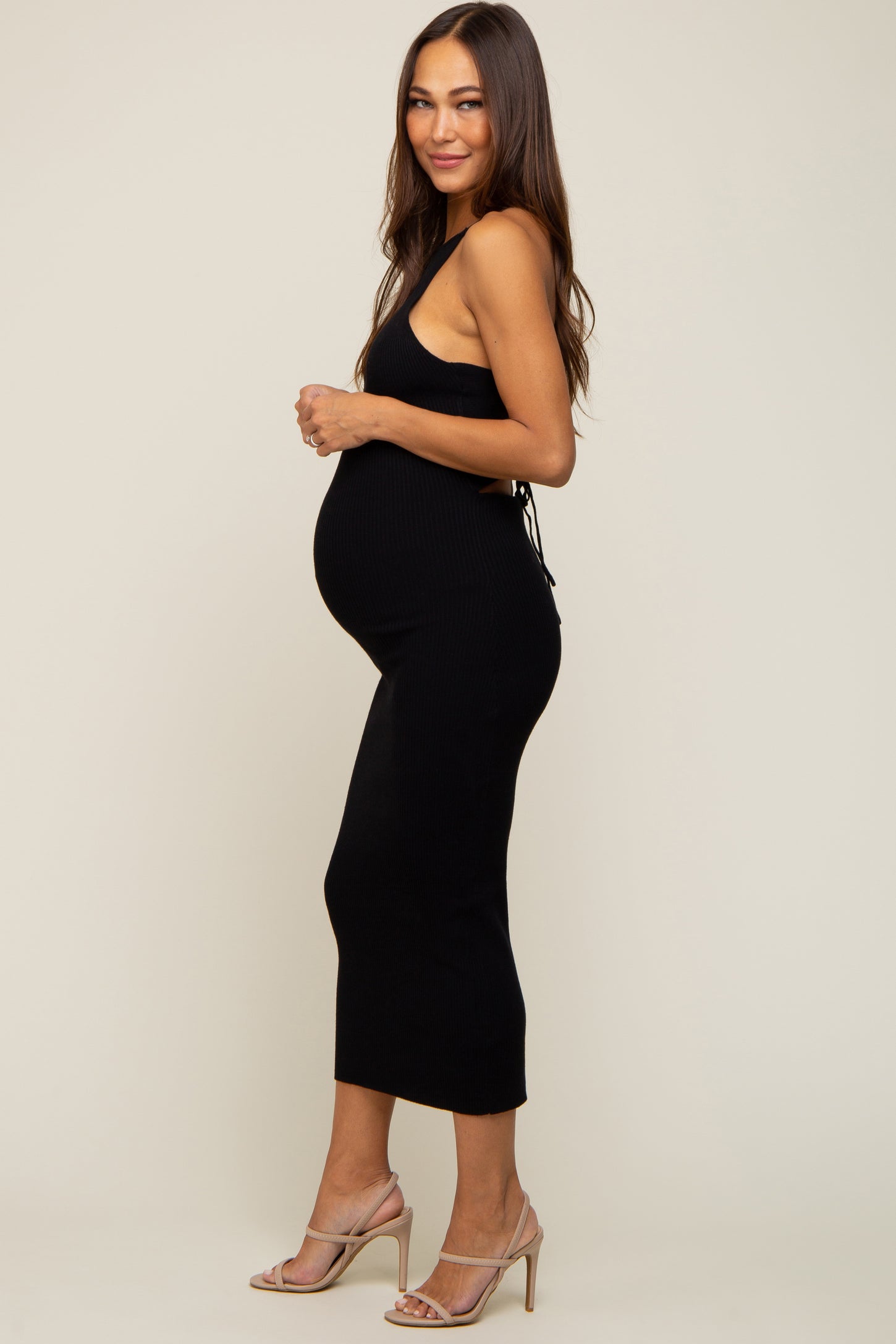Black Rib Knit Cutout Criss Cross Back Maternity Maxi Dress– PinkBlush