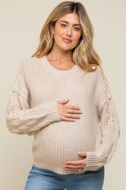 Beige Cable Knit Sleeve Maternity Sweater