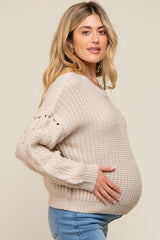 Beige Cable Knit Sleeve Maternity Sweater