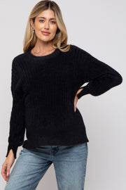 Black Fuzzy Ribbed Knit Maternity Sweater