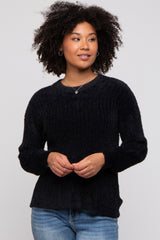 Black Fuzzy Ribbed Knit Maternity Sweater