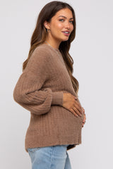 Mocha Fuzzy Ribbed Knit Maternity Sweater