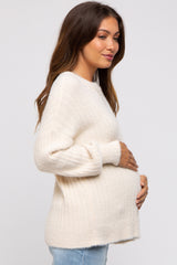 Ivory Fuzzy Ribbed Knit Maternity Sweater