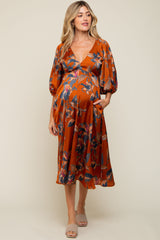 Rust Floral Satin Puff Sleeve Maternity Midi Dress