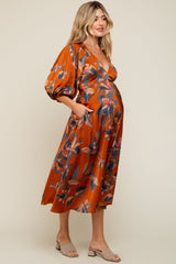 Rust Floral Satin Puff Sleeve Maternity Midi Dress