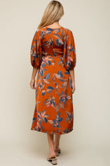 Rust Floral Satin Puff Sleeve Maternity Midi Dress